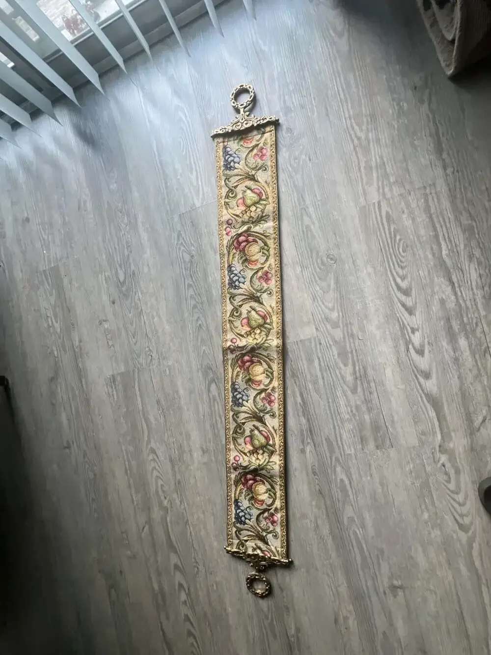 Vintage Corona Decor Tapestry Bell Pull with Floral Design and Ornate Brass Ends